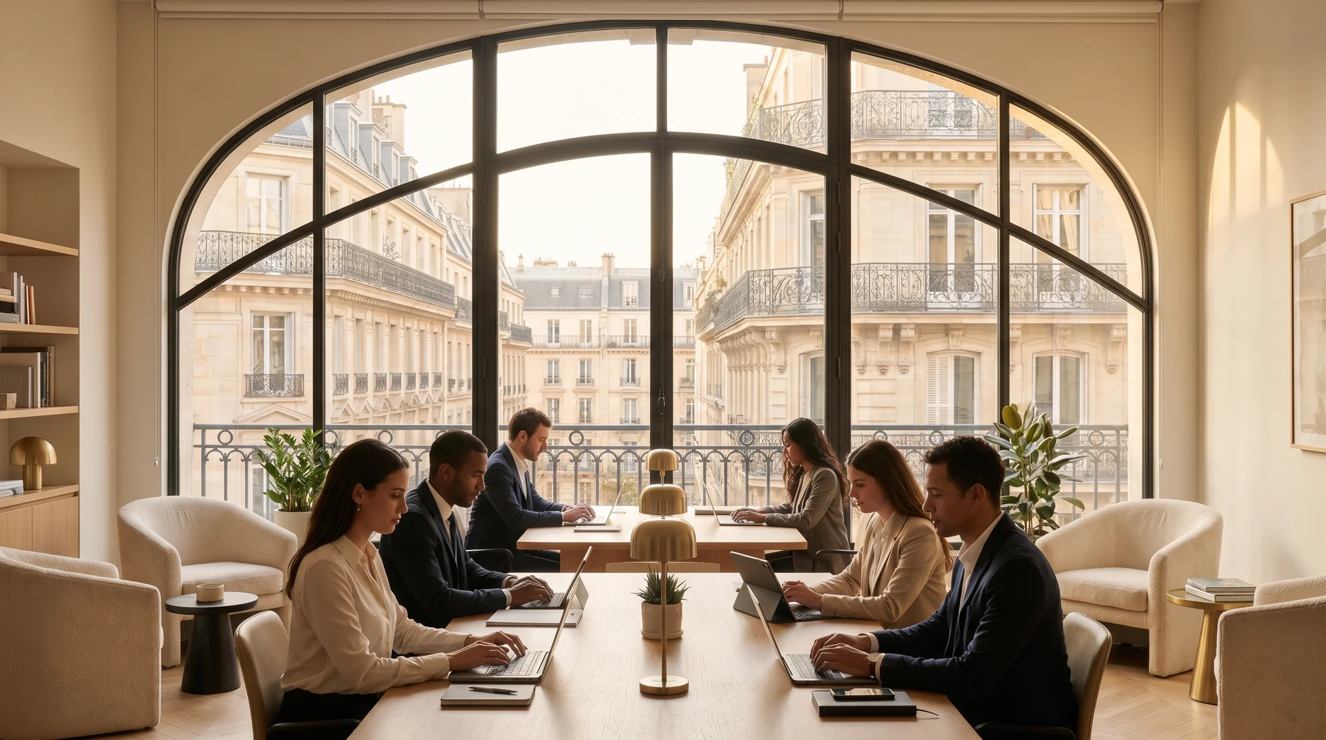 Entrepreneurs français dans un bureau haussmannien moderne — Societik accompagne la création de société à Paris